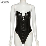 Znbbw Fashion Sexy Backless Strapless Low Chest Bandage PU Leather Bodysuit New 2023 Street Casual Black Wild Basic Bodysuit 912