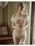Znbbw Women Sheer Stars Ultra-thin Gauze Ruffles Off Shoulder Sleeve Tops Shorts Leg Ring Underwear Set Temptation Sexy Pajamas 912
