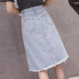 Znbbw Women High Waist Denim Skirts Fashion Chic Breasted A-Line Skirts Elegant Ladies Streetwear Tassel Casual Skirts Faldas Mujer