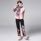 Znbbw Fashion Designer Runway Suit Sets 2023 Spring Long Sleeve Floral Bow Print Tops + Long Pants 2 Piece Set Women B7586