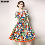 Znbbw Runway Dress Spring Summer Fashion Women High Quality Floral Print Elegant Chiffon Midi Dresses Party Vestidos Robe Femme