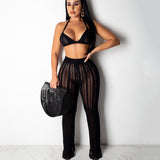 Znbbw Sexy Hollow Out Knitted Pant Suits Women Crochet Crop Top And Wide Led Pants Summer Two Piece Set Ladies Casual Beachwear