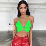 Znbbw Neon Sexy Halter Crop Top Women Camis Metal Ring Lace Up Backless Bralette 2023 Party Club Off Shoulder Tops Summer