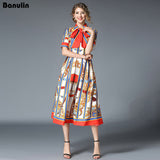 Znbbw HIGH QUALITY 2023Newest Runway Designer Summer Dress Women's Short Sleeve Shirt Collar Stripe Printed Bow Midi Dress