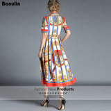 Znbbw HIGH QUALITY 2023Newest Runway Designer Summer Dress Women's Short Sleeve Shirt Collar Stripe Printed Bow Midi Dress