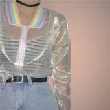 Znbbw Summer Women Jacket Laser Rainbow Symphony Hologram Women BasicCoat Clear Iridescent Transparent Bomber Jacket Sunproof