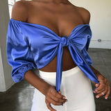 Znbbw Satin Slik Crop Top Women Bow Sashes V Neck Crop Top Sleeveless Half Sleeve Cropped Backless cropped feminino Tank Top