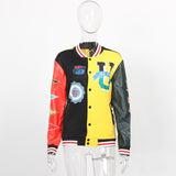 znbbw Fall Winter Print Patchwork Yellow Jackets For Women 2023 Long Sleeve Varsity Jacket Buttons Loose Baseball Jacket Women