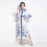 Znbbw Spring Autumn Bohemian Women Chic Flower Printed Maxi Dress Stand Collar Long Lantern Sleeve Split Belted Party Vestido