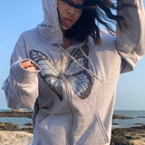 Znbbw Women Diamond Grey Long Jacket Hoodie Y2K Fashion Oversized Butterfly Graphic Rhinestone Sweatshirt Zip Up Hoodie Streetwear