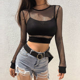 Znbbw Black Hollow Out Mesh T-Shirt Female Skinny Crop Top 2023 New Fashion Summer Basic Tops For Women Fishnet Shirt