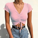 Znbbw V Neck Cropped Tank Tops Women Drawstring Tie Up Front Camis Candy Colors Streetwear Slim Fit Ribbed Crop Top 2023