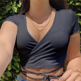 Znbbw Summer Solid V Neck T Shirts Women Short Sleeve Short Tops Crop Tops Ladies Casual Tops Tees Female Shirts White Pink