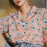 znbbw Summer Casual Floral Pirnt Women's Blouse Notched Collar Short Sleeve Shirt Ladies Tops Loose Button Up Female Clothing