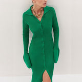 Znbbw Autumn Winter Elegant Knit Rib Bodycon Dress Office Lady Long Sleeve Lapel Button down Midi Dress Party Casual Women Wear