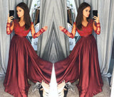 Znbbw Elegant Ladies Women Sexy Long Sleeve High Waist Lace Slim Fit V Neck Party Formal Split Maxi Dress Black/Wine Red