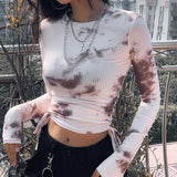 Znbbw Dye Print Ribbed Women T Shirt Crop Top Bandage Long Sleeve Sexy Streetwear Summer Clothes Drawstring