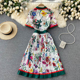 Znbbw Summer Runway Designer Pleated Dress Women's Short Sleeve Shirt Collar Overlay Flower Print Slim Party Midi Dresses N78610