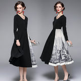 Znbbw Designer Autumn Winter Vintage Dress OL Elegant Floral Print Chiffon Splicing Midi Pleated Dress Robe Women Clothing