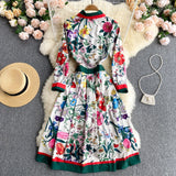 Znbbw 2023 Spring Autumn Fashion Runway Shirt Dress Women's Long Sleeve Elegant Floral Stripe Print OL Pleated Midi Dress