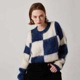 znbbw Winter Vintage Mohair Plaid Women Sweater Chic Long Sleeve O Neck Loose Ladies Pullover Fashion Warm Female Clothing Tops