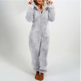 Znbbw Women Cute Fleece Plush Warm Hooded Pajamas Jumpsuit New Autumn Winter Long Sleeve Solid Color Loose Casual Sleepwear Homewear