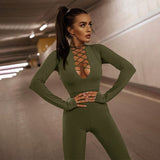 znbbw Autumn Hollow Out Black Jumpsuits Women Green Long Sleeve Bodycon Jumpsuit Winter One Piece Sexy Club Outfits For Women