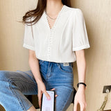 Znbbw Women Blouses Top Femme Short Sleeve White Blouse Tops Women Blusas Mujer De Moda 2023 V-Neck Chiffon Blouse Shirt E867