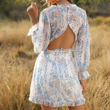 Znbbw Elegant Women Flowers Chffion Dress Autumn Spring Office Lady Long Sleeve Deep V-neck Layers A-line Dress Backless