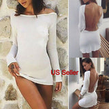 Znbbw Backless White Evening Party Dress Women Elegant Long Sleeve Solid Color Loose Club Holiday Casual Mini Dress