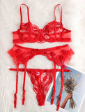 Znbbw Sensual Lingerie Red Lace Transparent Bra Garters Thongs Embroidery Fancy Bilizna Set Sexy Costume 3-Pieces Intimate