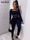 Znbbw Women Autumn Winter Long Sleeve Bodycon Mesh See Brown Through Jumpsuit Overalls 2023 Fall Clothes Wholesale Items