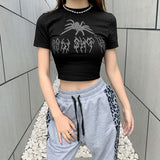 Znbbw Spider Crop Tops 2023 Women Goth Punk Graphic O-Neck Tshirt Y2K Aesthetic Short Sleeve Slim T-Shirts Black Streetwear