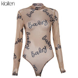 Znbbw 2023 Summer Sexy Letter Print Transparent Mesh Bodysuits Long Sleeve See Through Baby Bodycon Rompers Women Jumpsuits
