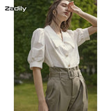 znbbw Chic Vintage Short Sleeve White Shirt Women Lace Turn Down Collar Puff Short Sleeve Blouse 2023 Summer Female Clothing