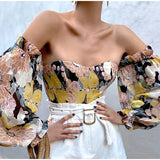 Znbbw Chic Women Floral Off Shoulder Blouse Tops Sexy Frill Long Lantern Sleeve Strapless Corset Tops Fashion Slim Fit Tops