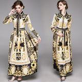 Znbbw Runway Designer Women's Maxi Dress 2023 Spring Vintage Baroque Floral Print Puff Sleeve Sashes Pleated Shirt Dress