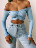 Znbbw New Off Shoulder Long Sleeve Tops Women Solid Ribbed T-shirt Casual Slim Slash Neck Bandeau Crop Tops Female Chic Tees