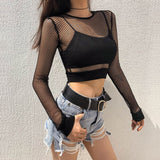Znbbw Black Hollow Out Mesh T-Shirt Female Skinny Crop Top 2023 New Fashion Summer Basic Tops For Women Fishnet Shirt