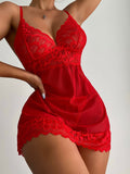 Znbbw Sexy Sleepwear Deep-V Night Dress Women Sleeping Nightgown Red Lace Nightie Lingerie Sleeveless Mini Dress Homewear