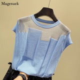 Znbbw Short Sleeve Knitted Women Blouse Tops O-neck Solid Blouses Women Casual Patchwork Slim Silk Female Shirts Blusas 8796