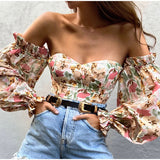 Znbbw Chic Women Floral Off Shoulder Blouse Tops Sexy Frill Long Lantern Sleeve Strapless Corset Tops Fashion Slim Fit Tops