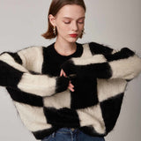 znbbw Winter Vintage Mohair Plaid Women Sweater Chic Long Sleeve O Neck Loose Ladies Pullover Fashion Warm Female Clothing Tops