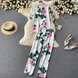 Znbbw Summer Women Clothing Runway Suits Short Sleeve Floral Print Shirt + Hight Waist Pencil Pants 2 Piece Set outfits N69131