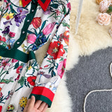 Znbbw 2023 Spring Autumn Fashion Runway Shirt Dress Women's Long Sleeve Elegant Floral Stripe Print OL Pleated Midi Dress
