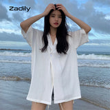 znbbw Summer Short Sleeve Button Chiffon Women Shirt Korean style Stripe Loose Ladies Blouse Beach Vacation Female Clothes Tops