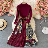 Znbbw 2023 Autumn Winter Fashion Runway Vintage elastic Knitted Dress Women Long Sleeve Patchwork Pleated Belted Midi Dress