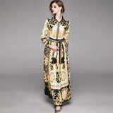 Znbbw Runway Designer Women's Maxi Dress 2023 Spring Vintage Baroque Floral Print Puff Sleeve Sashes Pleated Shirt Dress