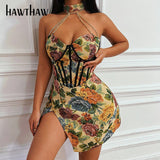 Znbbw Women Elegant Halter Floral Printed Party Club Bodycon Split Straps Mini Dress 2023 Summer Clothes Wholesale Items