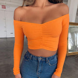 Znbbw New Off Shoulder Long Sleeve Tops Women Solid Ribbed T-shirt Casual Slim Slash Neck Bandeau Crop Tops Female Chic Tees